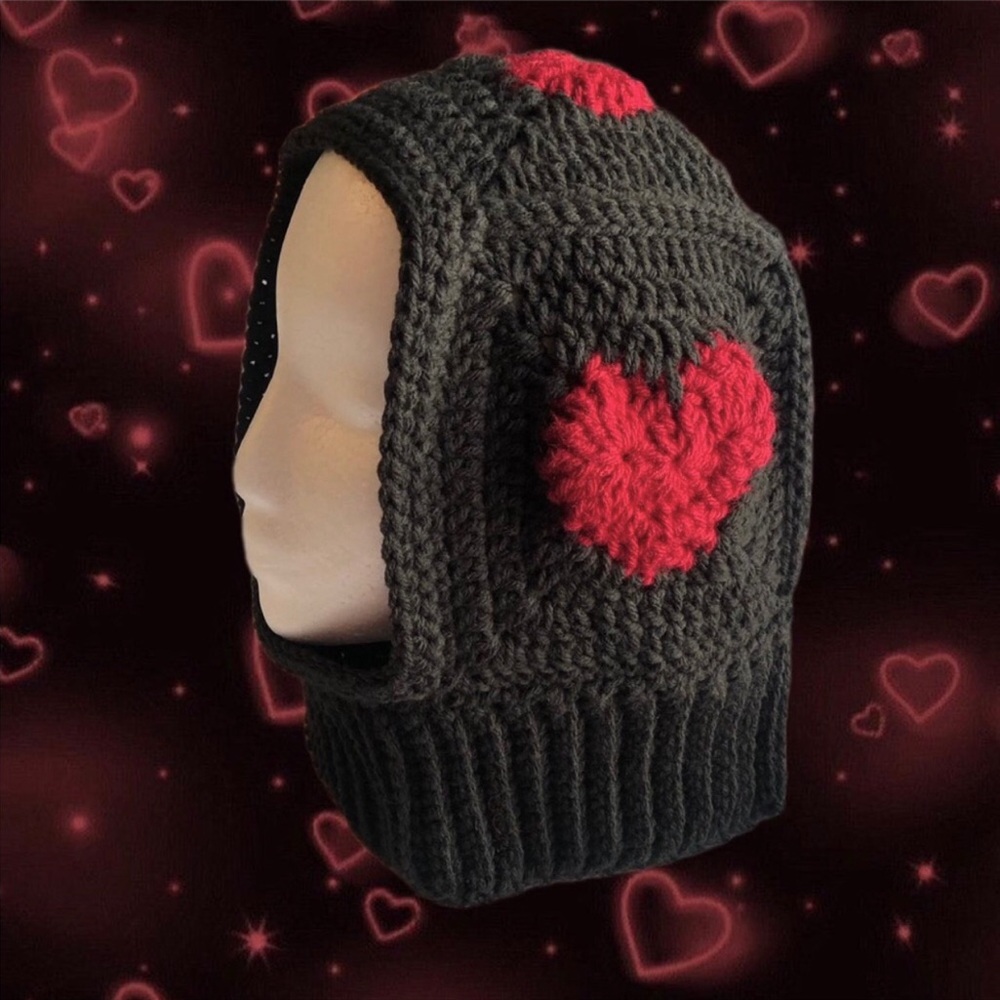 crochet black with burgundy heart granny square balaclava HANDMADE